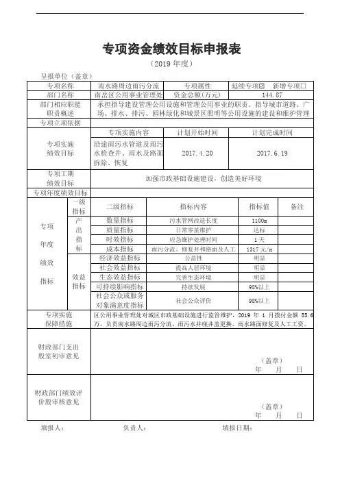 专项资金绩效目标申报表