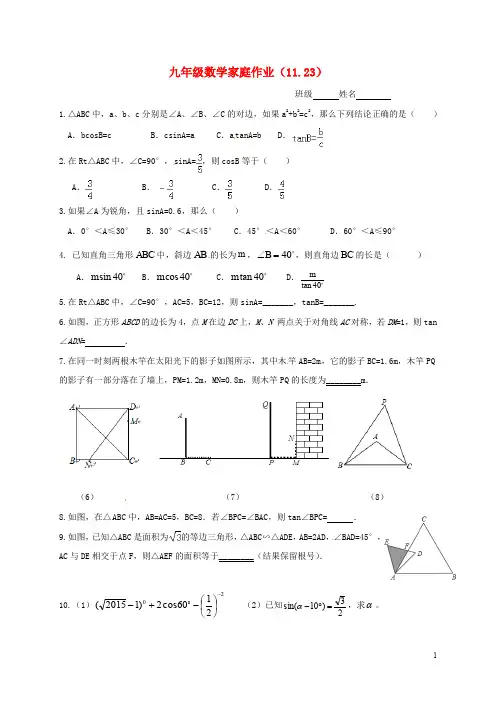 江苏省靖江市新港城初级中学九年级数学家庭作业 三角函数(11.23)(无答案) 苏科版