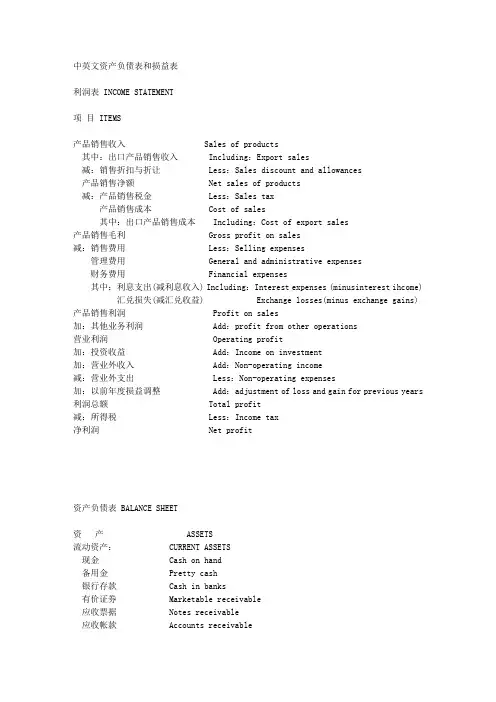 中英文资产负债表和损益表