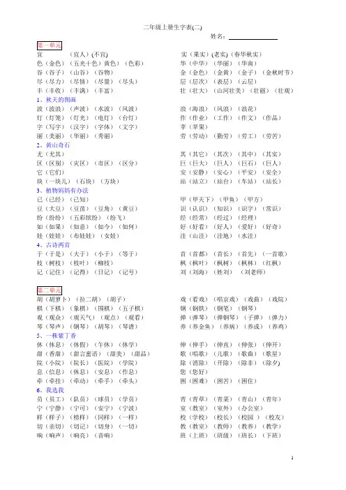 (完整word)人教版二年级上册生字组词(全,可打印)