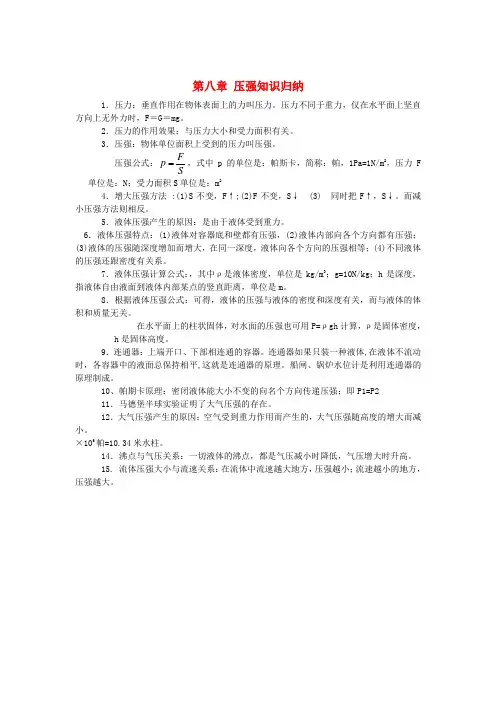 物理下册第八章压强知识归纳(新版)沪科版