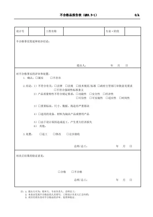 不合格品报告表