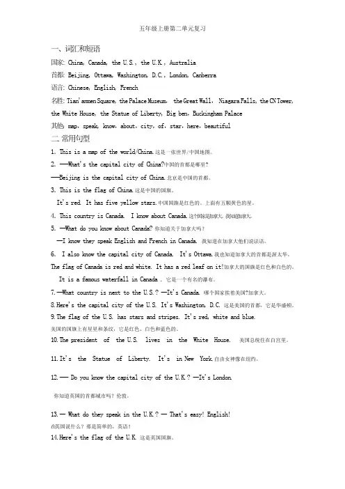 小学英语五年级上册第二单元复习重点