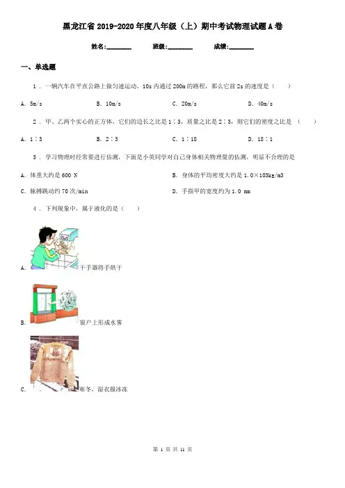 黑龙江省2019-2020年度八年级(上)期中考试物理试题A卷