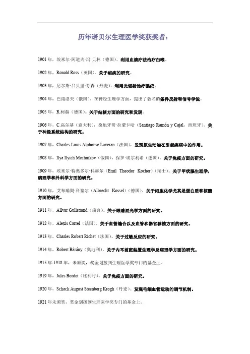 历年诺贝尔生理医学奖及化学奖获奖者整理