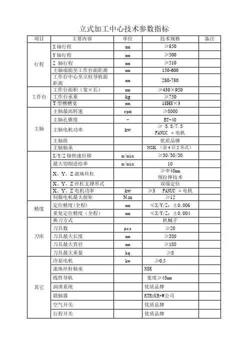 立式加工中心技术参数指标