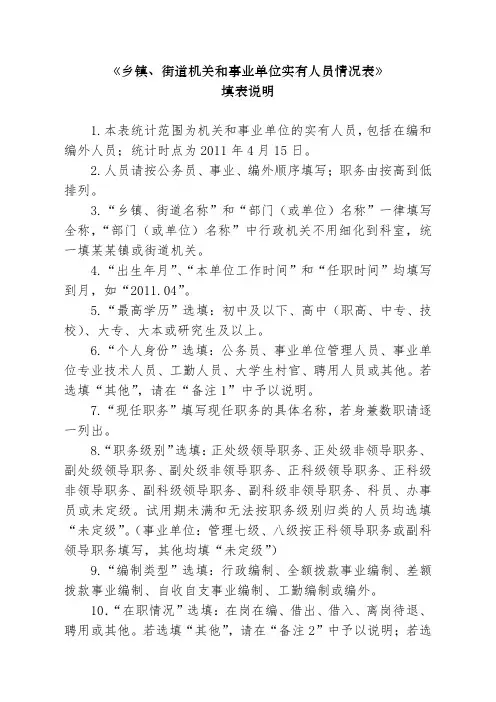 乡镇、街道机关和事业单位实有人员情况表【模板】