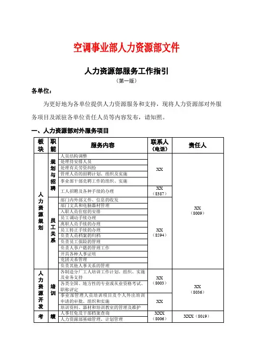 XX空调事业部人力资源部服务平台工作指引