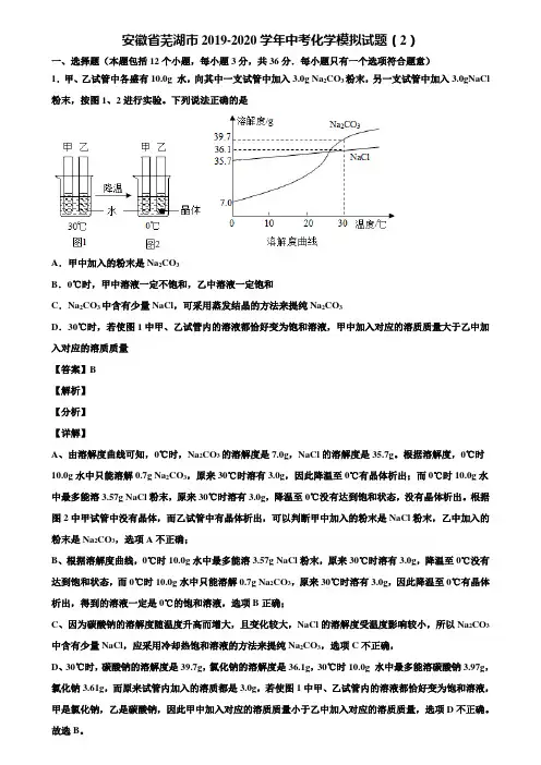 安徽省芜湖市2019-2020学年中考化学模拟试题(2)含解析