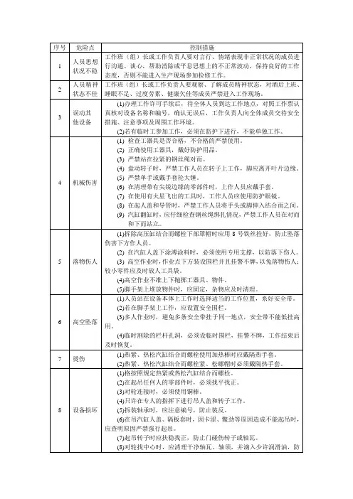 汽机检修危险点控制措施