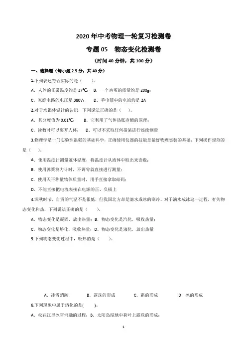 2020年中考物理一轮复习讲练测 专题05 物态变化(检测卷)(解析版)