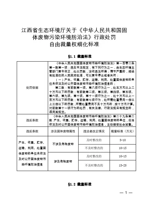 江西省生态环境厅《行政处罚自由裁量权细化标准》