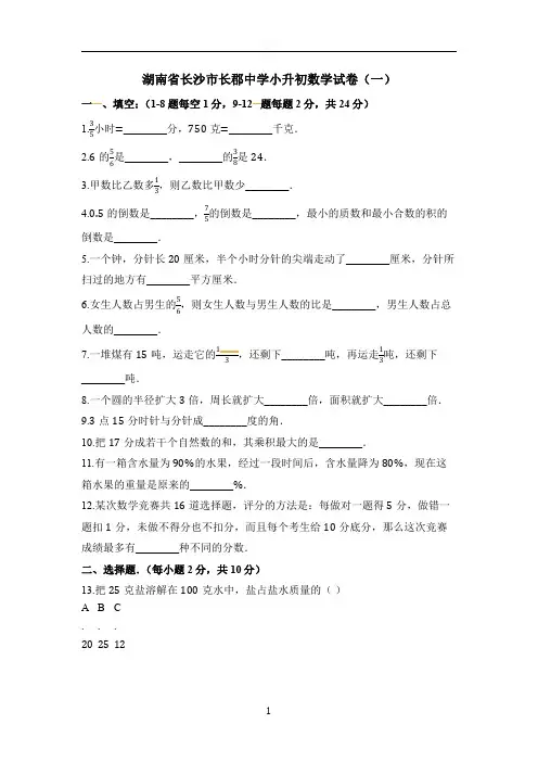 六年级下册数学试题-小升初试卷(4月份)∣湖南省长沙市长郡中学 通用版(含答案)
