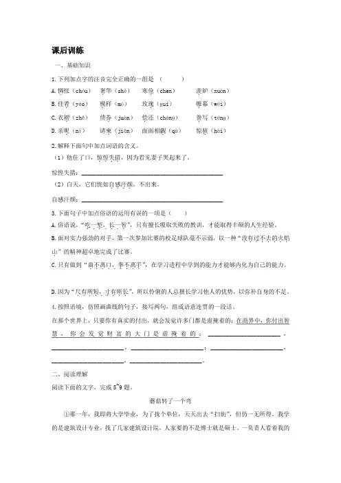 北师大版语文九年级上册第1课项链同步练习及答案