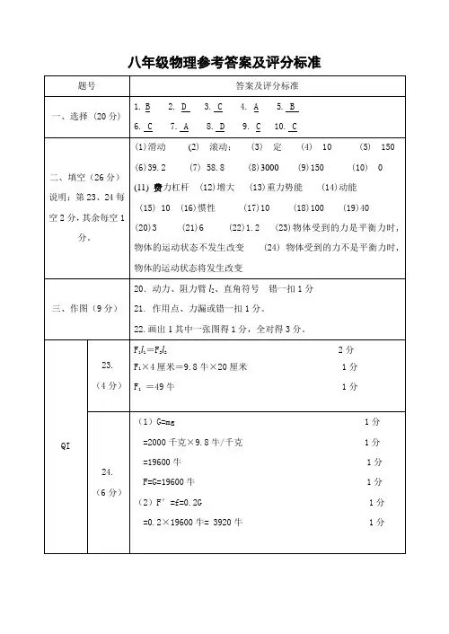 上海-中考8年级期中物理参考答案