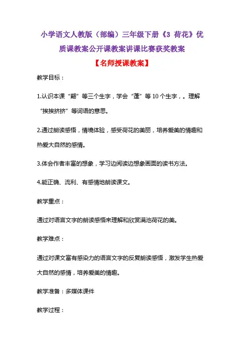 小学语文人教版(部编)三年级下册《3 荷花》优质课教案公开课教案讲课比赛获奖教案D096