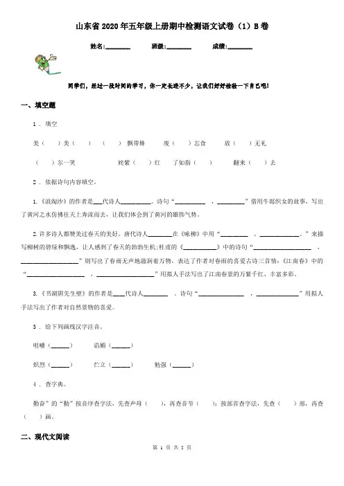 山东省2020年五年级上册期中检测语文试卷(1)B卷