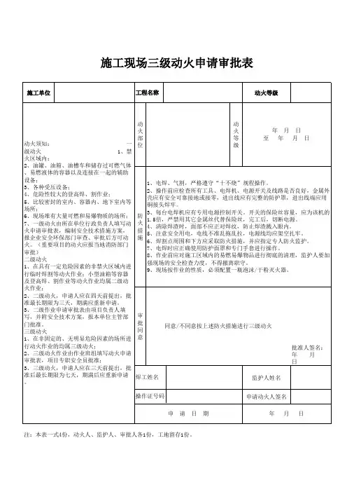 施工现场三级动火申请审批表