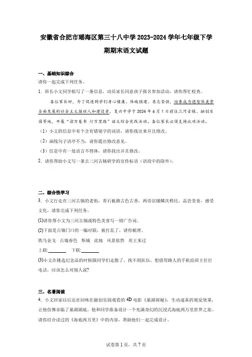 安徽省合肥市瑶海区第三十八中学2023-2024学年七年级下学期期末语文试题