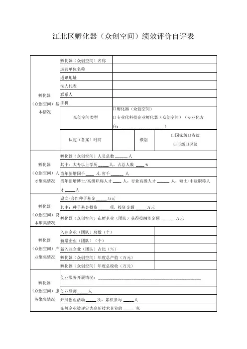 江北区孵化器众创空间绩效评价自评表