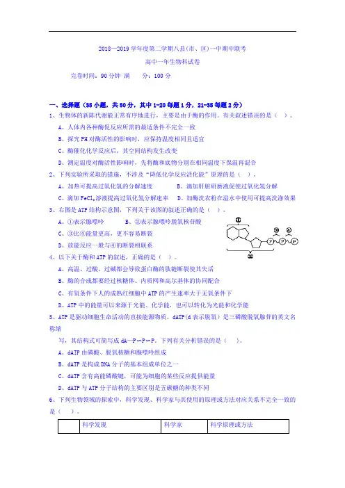 福建省福州市八县(市)一中2018-2019学年高一下学期期中联考生物试题 