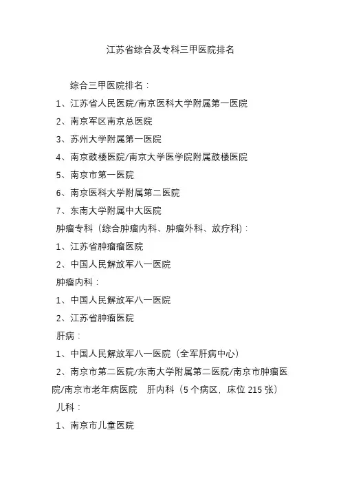 江苏省综合及专科三甲医院排名【范本模板】