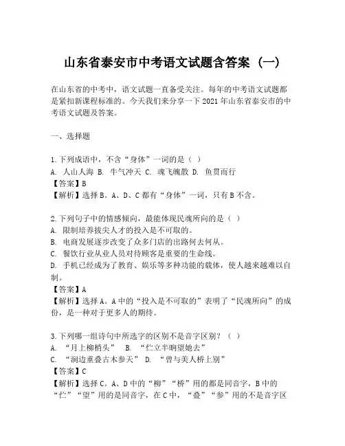 山东省泰安市中考语文试题含答案 (一)