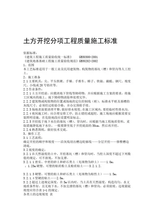 土方开挖分项工程质量施工标准