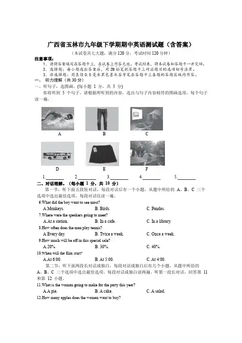 广西省玉林市九年级下学期期中英语测试题(含答案)