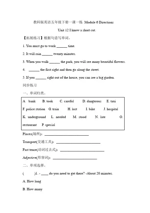 五年级下册英语 一课一练 Module 6 Directions Unit 12 (含答案)教科版