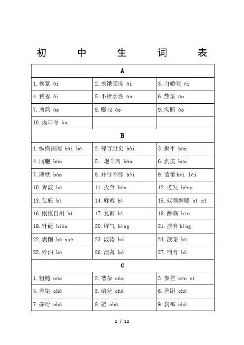 初中读音易错词语表