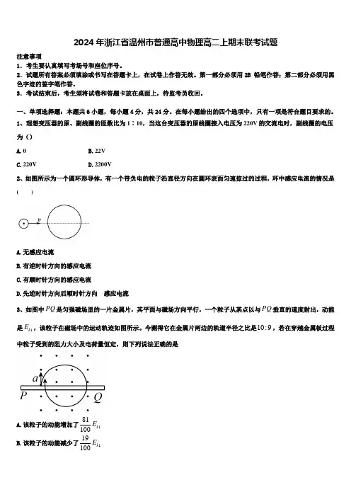 2024年浙江省温州市普通高中物理高二上期末联考试题含解析