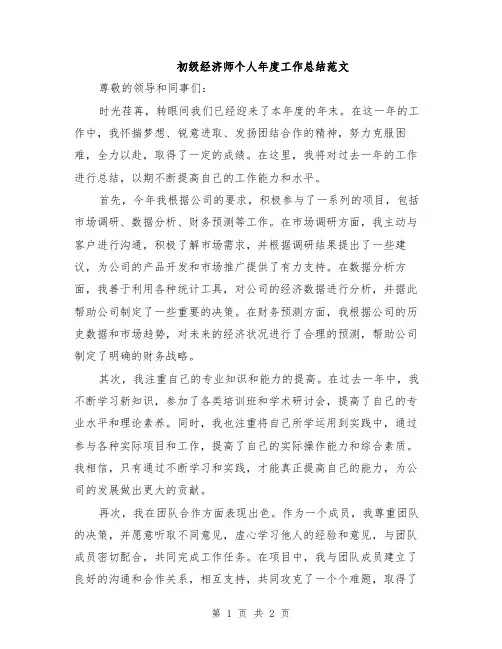 初级经济师个人年度工作总结范文