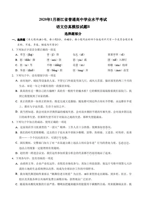 【原创】2020年1月浙江省普通高中学业水平考试语文仿真模拟试题B(教师版)