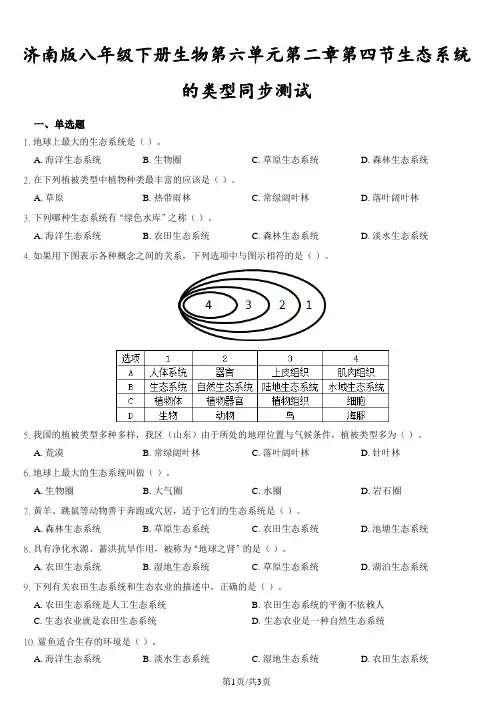 济南版八年级下册生物第六单元第二章第四节生态系统的类型同步测试(带答案)