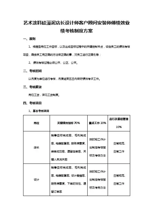 艺术涂料硅藻泥店长设计师客户顾问安装师傅绩效业绩考核制度方案