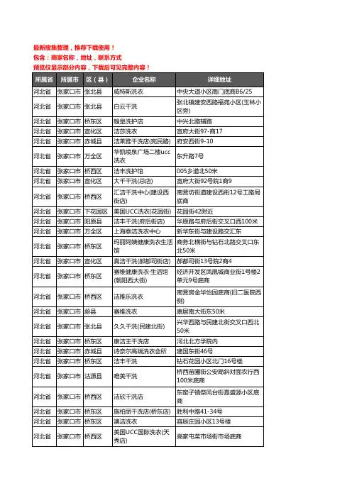 新版河北省张家口市洗衣店企业公司商家户名录单联系方式地址大全254家