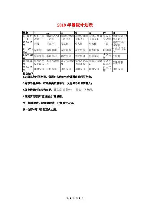 2018年暑假计划表1与2018年暑假集训计划汇编