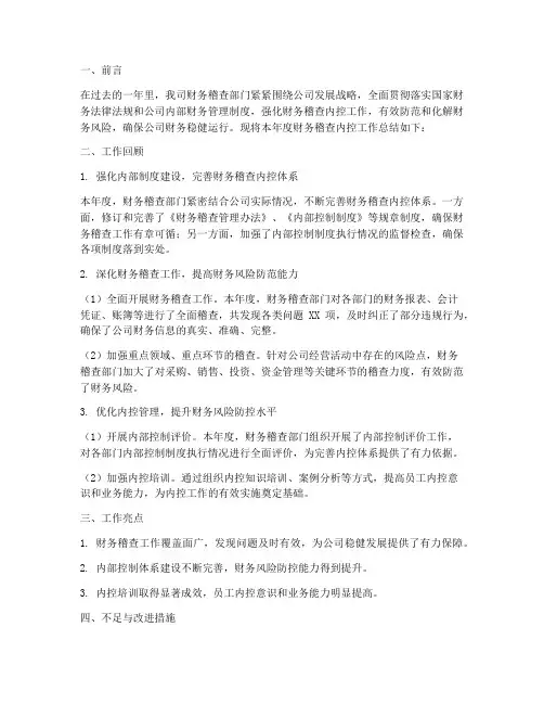 财务稽查内控工作总结报告