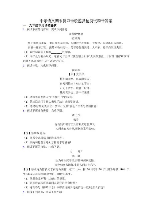 中考语文期末复习诗歌鉴赏检测试题带答案