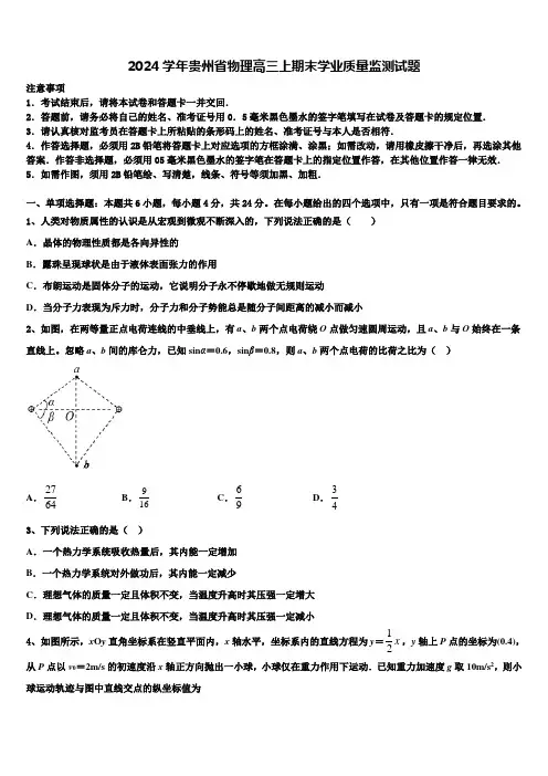 2024学年贵州省物理高三上期末学业质量监测试题含解析