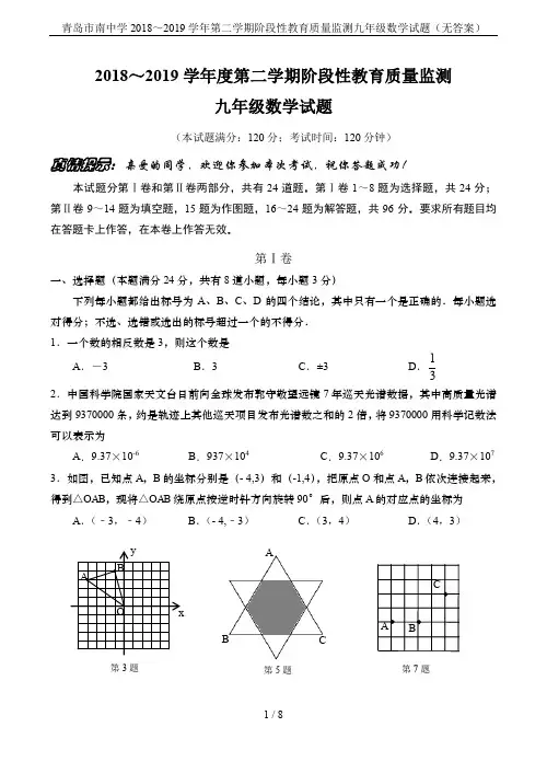 青岛市南中学2018～2019学年第二学期阶段性教育质量监测九年级数学试题(无答案)