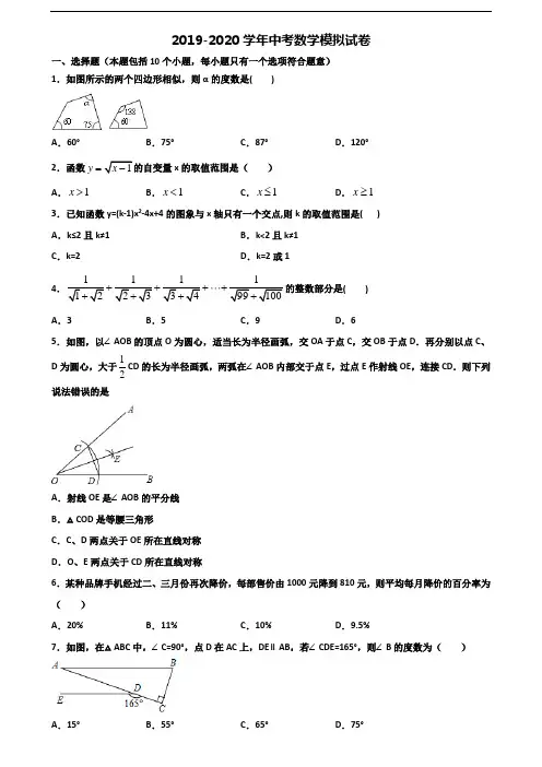 2020湖南省岳阳市中考数学达标检测试题