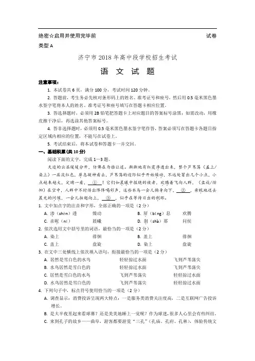 2019年中考最全复习资料山东省济宁市2018年中考语文试题