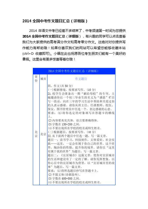 2014全国中考作文题目汇总（详细版）