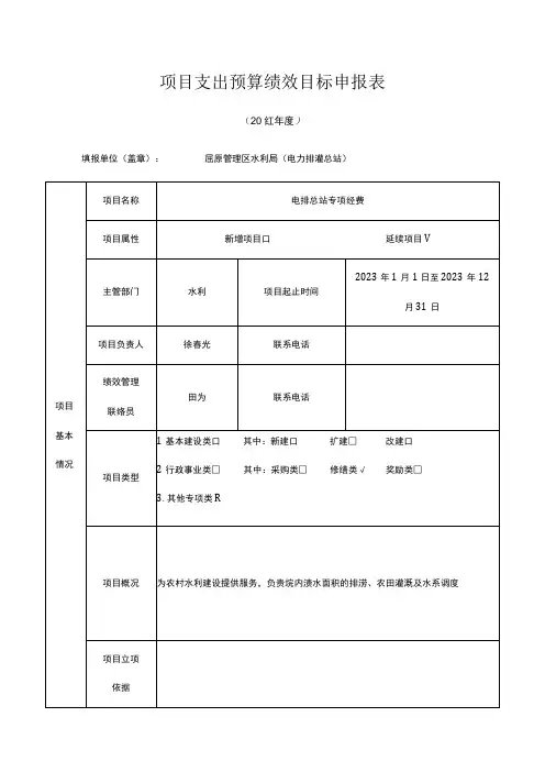 项目支出预算绩效目标申报表