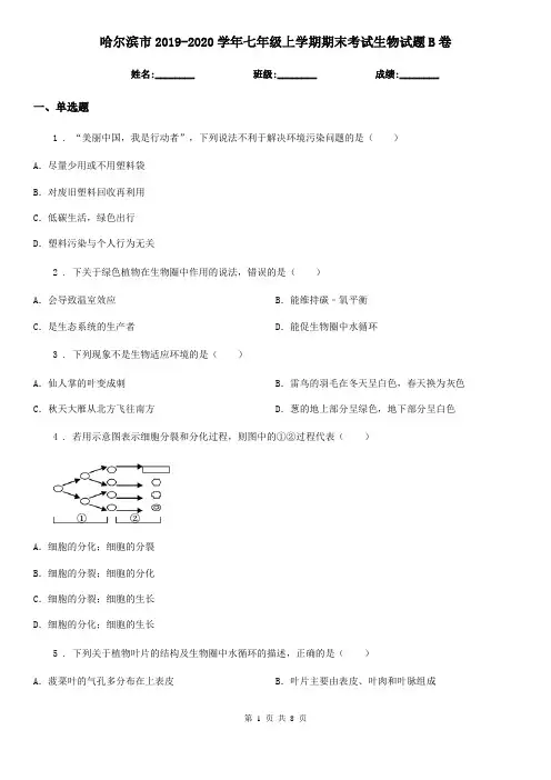 哈尔滨市2019-2020学年七年级上学期期末考试生物试题B卷-2