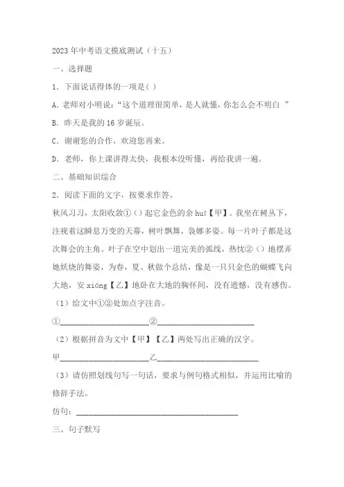 2023年中考语文摸底测试(十五)语文试题(含答案)