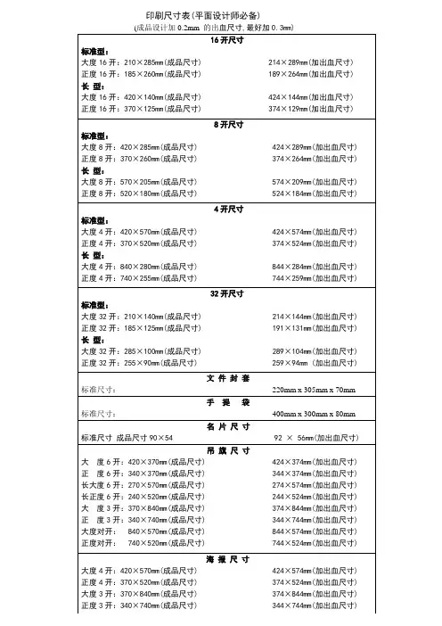 印刷尺寸表(平面设计师必备)