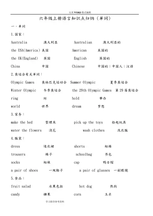 新闽教版小学英语六年级知识点归纳